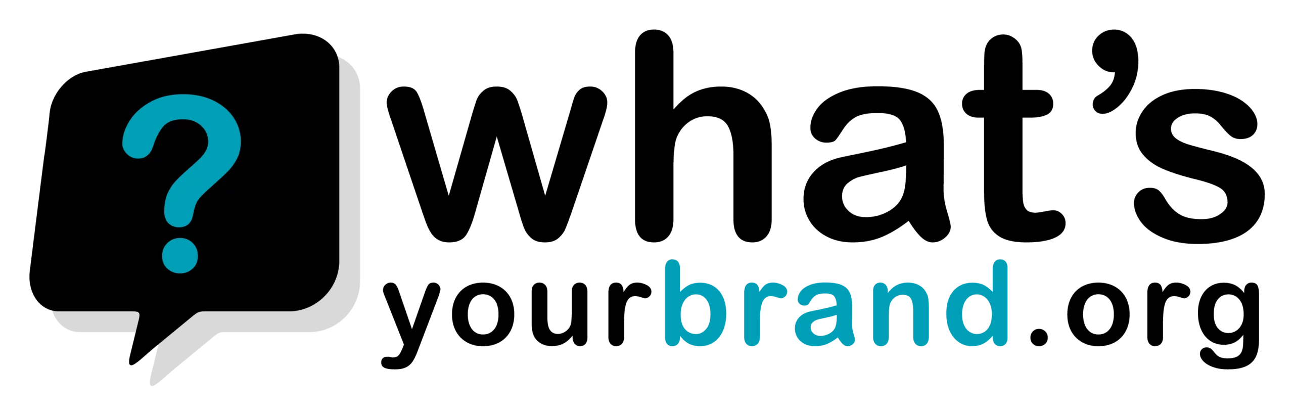 What's Your Brand? logo (teal question mark in a black stylized speech bubble and whatsyourbrand.org as text)